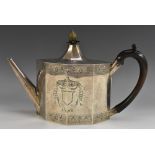 A George III Neo-Classical silver octagonal lozenge shaped teapot,