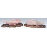 A pair of Chinese rose quartz fish, incised with scales, 26cm wide,