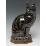 Charles Vyse (1882-1971) - a stoneware model of a seated tabby cat, Tamoku glaze,