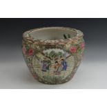 A Chinese ovoid fish bowl, painted in the Famille Rose palette with figures and attendants,