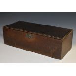 An early George III oak six-plank boarded table box, hinged cover, brass escutcheon, 64cm wide, c.