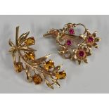 Brooches - a 9ct gold citrine leaf spray brooch,