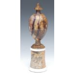 An early 19th century Blue John pedestal ovoid urn, integrated cover, Five vein,
