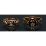 A 19th century mourning ring, black enamel diamond and seed pearl floral panel crest,