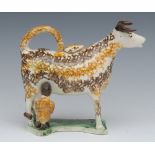 A Prattware cow creamer and cover, standing four square, the back legs hobbled,