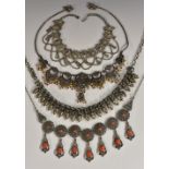 Jewellery - a coral red glass and white metal floral fringe necklace;