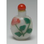 A Chinese Peking glass snuff bottle, overlaid with flowers on a celadon ground, domed stopper,