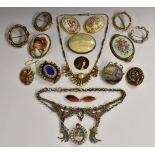 Jewellery - a 19th century mourning brooch; others frames; an Art Nouveau portrait panel brooch,