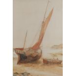 W**Barker (19th century) Low Tide, with beached fishing boats signed, watercolour, 32cm x 22.