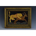 A pietra dura rectangular plaque, inlaid in specimen stones with a lion attacking a deer, 18.