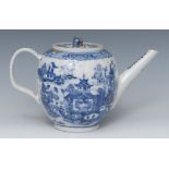 An 18th century Chinese lobed ovoid teapot and cover, decorated in underglaze blue, with pagoda,