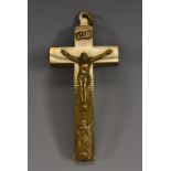 A brass reliquary cross pendant, the front relief cast with Christ above a Saint,