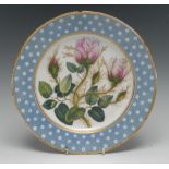 A Derby Botanical shaped circular dessert plate, Moss Rose Buds,