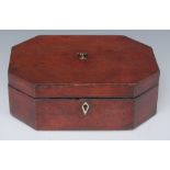 A George III morocco leather canted rectangular work box, hinged cover with brass axehead handle,