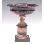 A Regency Blue John tazza, Twelve vein, flared bowl, everted rim, integrated cylindrical pedestal,