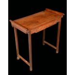 A Chinese hardwood altar-form side table, rectangular panel top with scroll ends,
