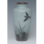 A Japanese cloisonné ovoid vase, in tones of duck egg blue with a kingfisher taking flight, 15.