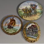 A Limoges painted porcelain panel brooch, Galleon at sail, signed Luc, rope twist frame,