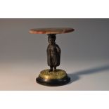 A parcel-gilt and dark patinated bronze and agate figural miniature table, circular top,