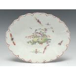 An early Derby silver-shape dish, painted in polychrome with ho-ho birds, butterflies and insects,