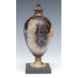 An early 19th century Blue John pedestal ovoid urn, integrated cover, Old Tor vein,