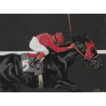 K Ellwood First Past the Post, Racehorse and Jockey signed, watercolour and gouache,