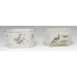 An early Derby Patch Mark canted rectangular butter tub, painted in polychrome with summer flowers,