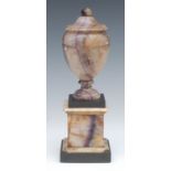 An 18th century Blue John pedestal ovoid urn, integrated cover, ball finial, Winnats One vein,