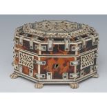 A late 19th century Anglo-Indian octagonal tortoiseshell Vizagapatam jewellery box,