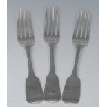 A set of three Irish William IV silver fiddle back table forks, James Brady,