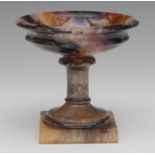 A 19th century Blue John tazza, Old Tor vein, flared bowl, everted rim, silver stem,
