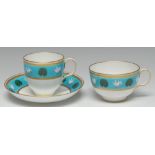A Minton teacup, coffee cup and saucer, influenced by Dr Christopher Dresser,