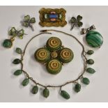 Jewellery - a green banded agate silver mounted brooch; others enamelled swivel fob, clover,