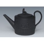 A Keeling Toft and Co black basalt teapot and cover, in relief with classical figures,