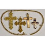 An ornate two tone gilt metal arched floral cross pendant 76mm x 58mm,