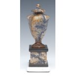 An early Victorian Blue John pedestal urn, integrated cover, Oxlow vein, spreading circular base,