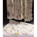 Textiles - hand embroidered linen tablecloths including English country garden flowers