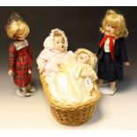 Dolls - a Geoffrey Averill baby doll, porcelain head and limbs, cloth body, fixed blue eyes,