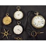 A silver open face pocket watch; two others smaller;