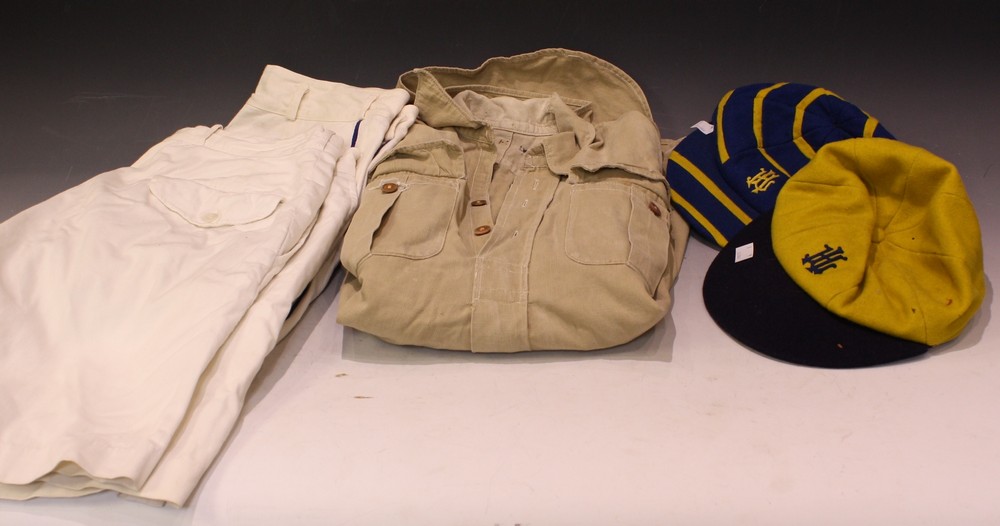 Vintage Costume - two school caps; two pairs of cricket shorts;