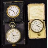 A plated Goliath pocket watch, luminous Arabic numbers on white dial, subsidiary seconds dial,