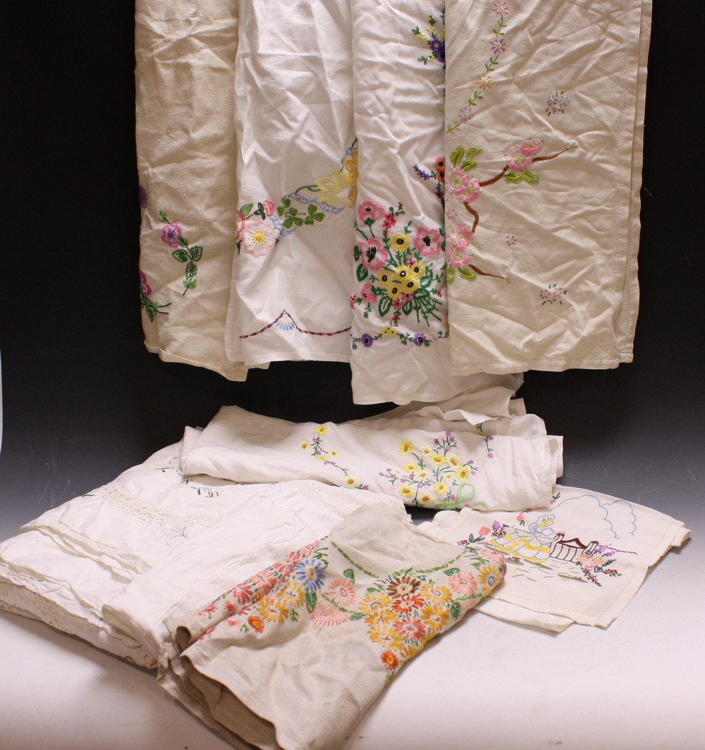 Textiles - hand embroidered linen tablecloths including English country garden flowers