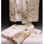 Textiles - hand embroidered linen tablecloths including English country garden flowers