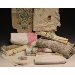 Textiles - hand embroidered linen, damask table cloths, lace edged linen,