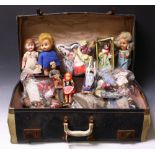 Dolls - 1960's dolls and costume dolls contained in vintage suitcase