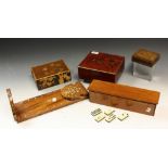 A Middle Eastern sliding book trough; a marquetry puzzle box; a mahogany box containing dominoes;