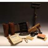 Militaria - a WWII magazine pouch with magazine; an ARP rattle; a pair of leather gaiters;