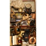 Boxes and Objects - a pair of copper and brass ships lamps; silver plated ware; carriage clock;