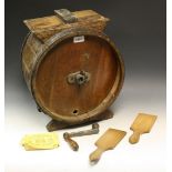 A 19th century coopered table top butter churn; butter pats;