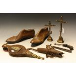 A pair of treen cobbler's shoe lasts; a pair of bellows' a bronze crucifix; another smaller;